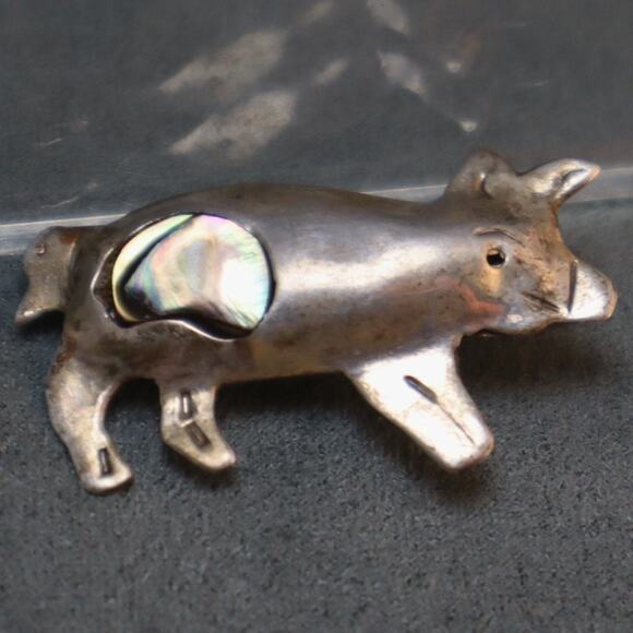 Vintage Taxco Pig Brooch Abalone Inlay Pin - Picture 1 of 3